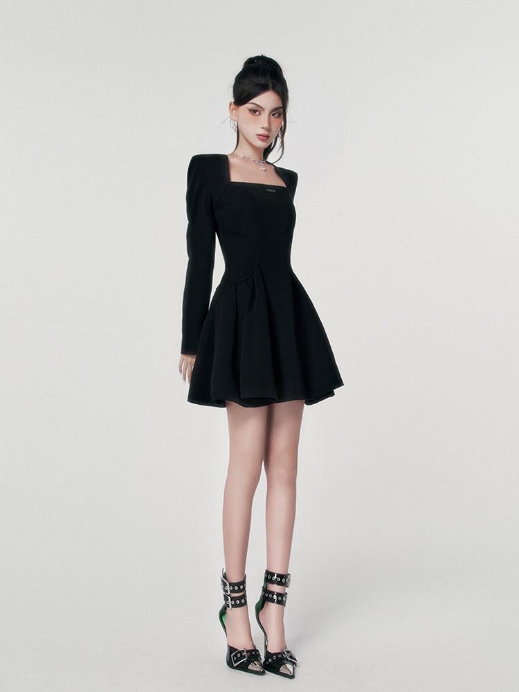 VOCK Black Square Neck Puff A Line High Waist Women's Polyester Corset Mini Dresses
