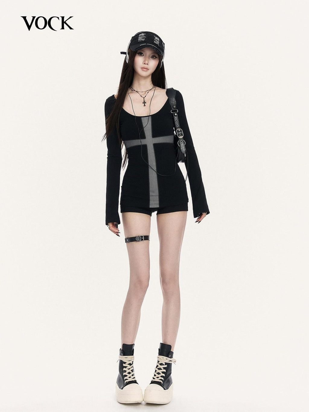 VOCK Black Street Cross Print Slim Round Neck Women's Cotton Long Sleeve T-shirts
