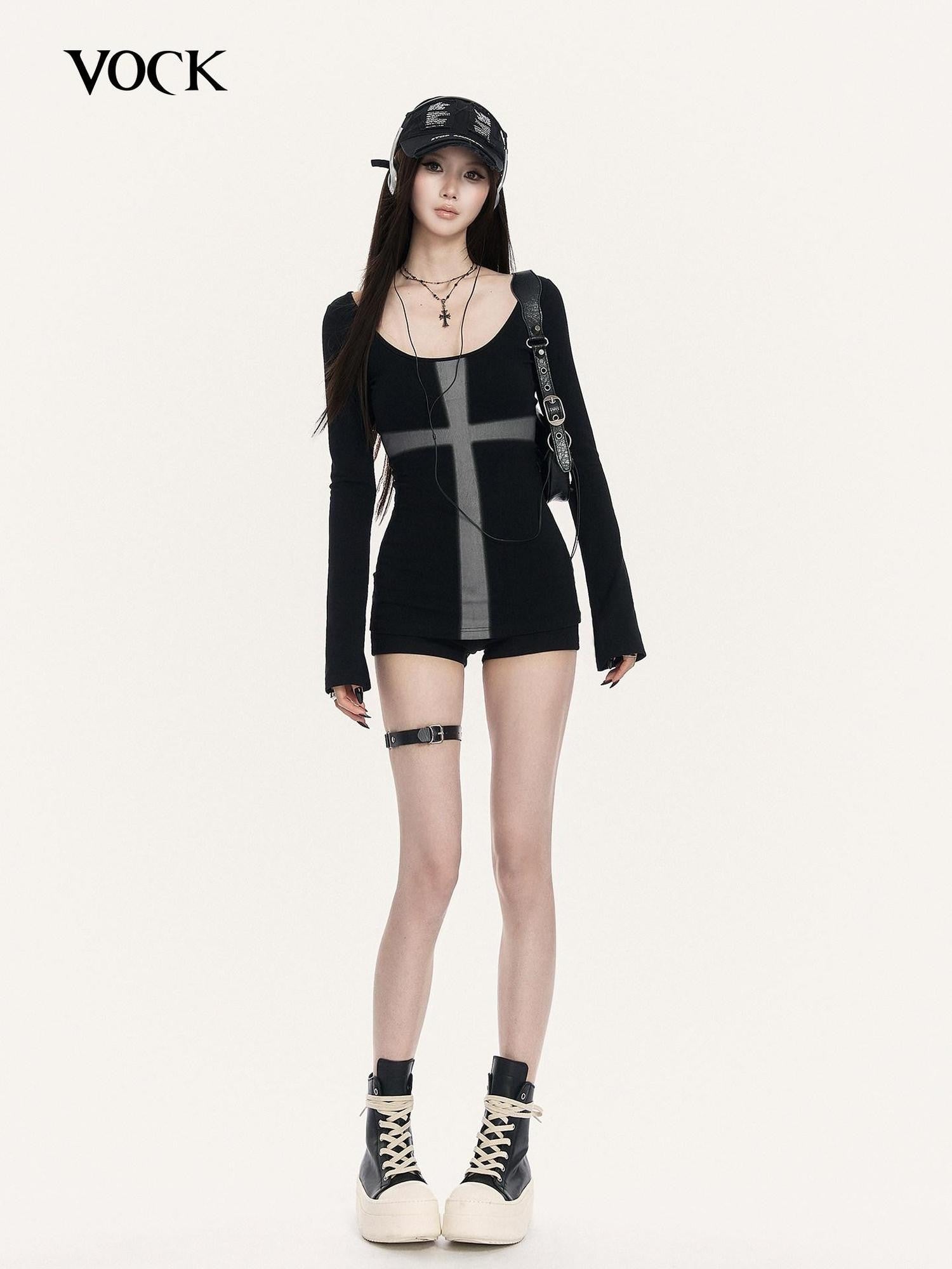VOCK Black Street Cross Print Slim Round Neck Women's Cotton Long Sleeve T-shirts