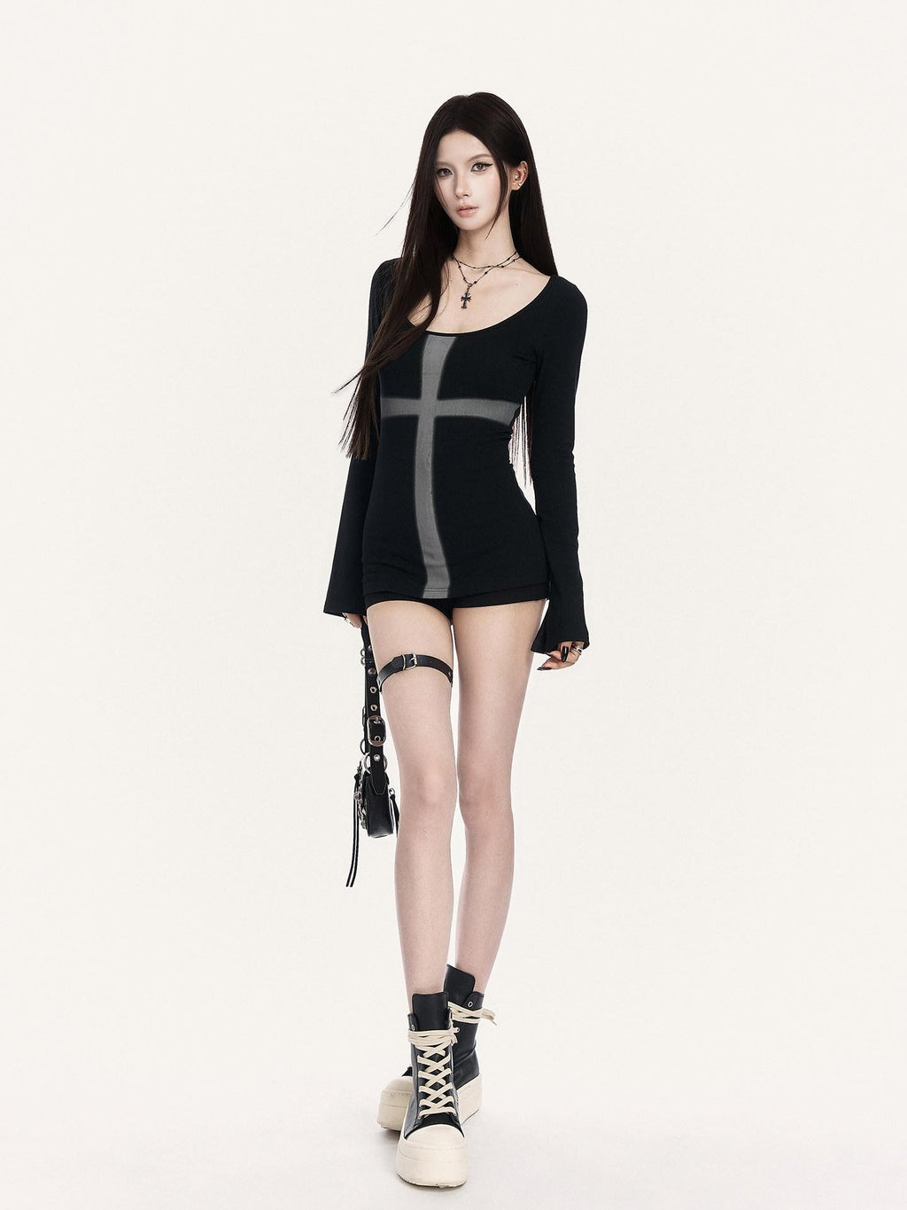 VOCK Black Street Cross Print Slim Round Neck Women's Cotton Long Sleeve T-shirts