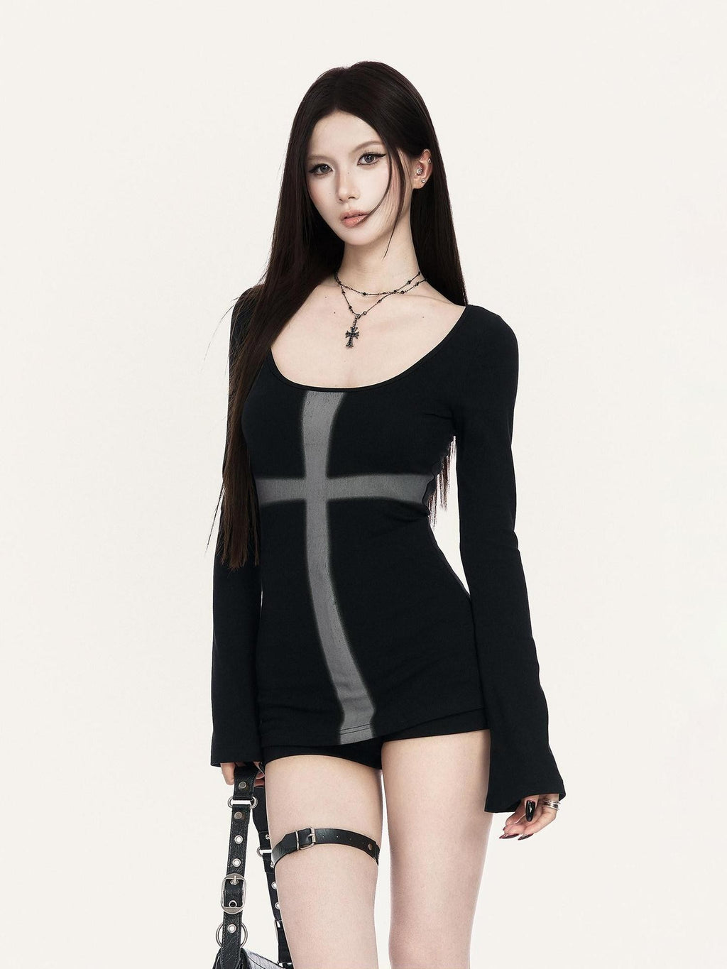 VOCK Black Street Cross Print Slim Round Neck Women's Cotton Long Sleeve T-shirts