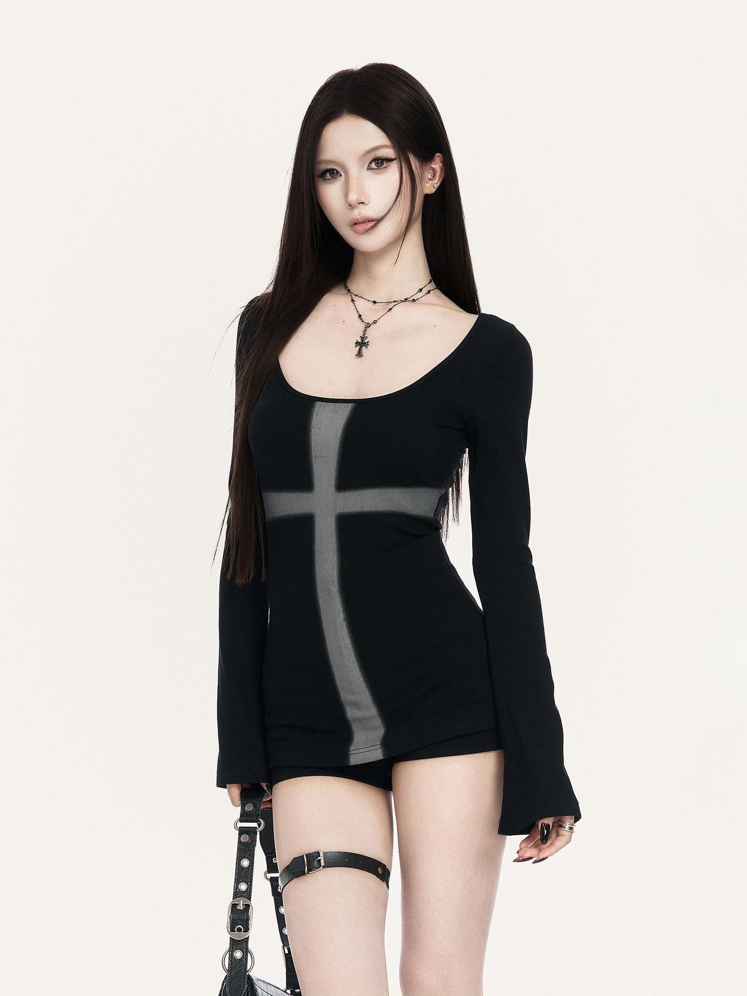 VOCK Black Street Cross Print Slim Round Neck Women's Cotton Long Sleeve T-shirts