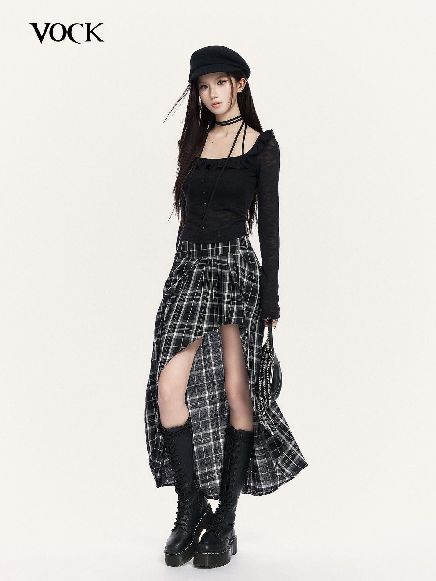 VOCK Black White Check Irregular A Line High Waist Women's Cotton Blend Midi Skirts