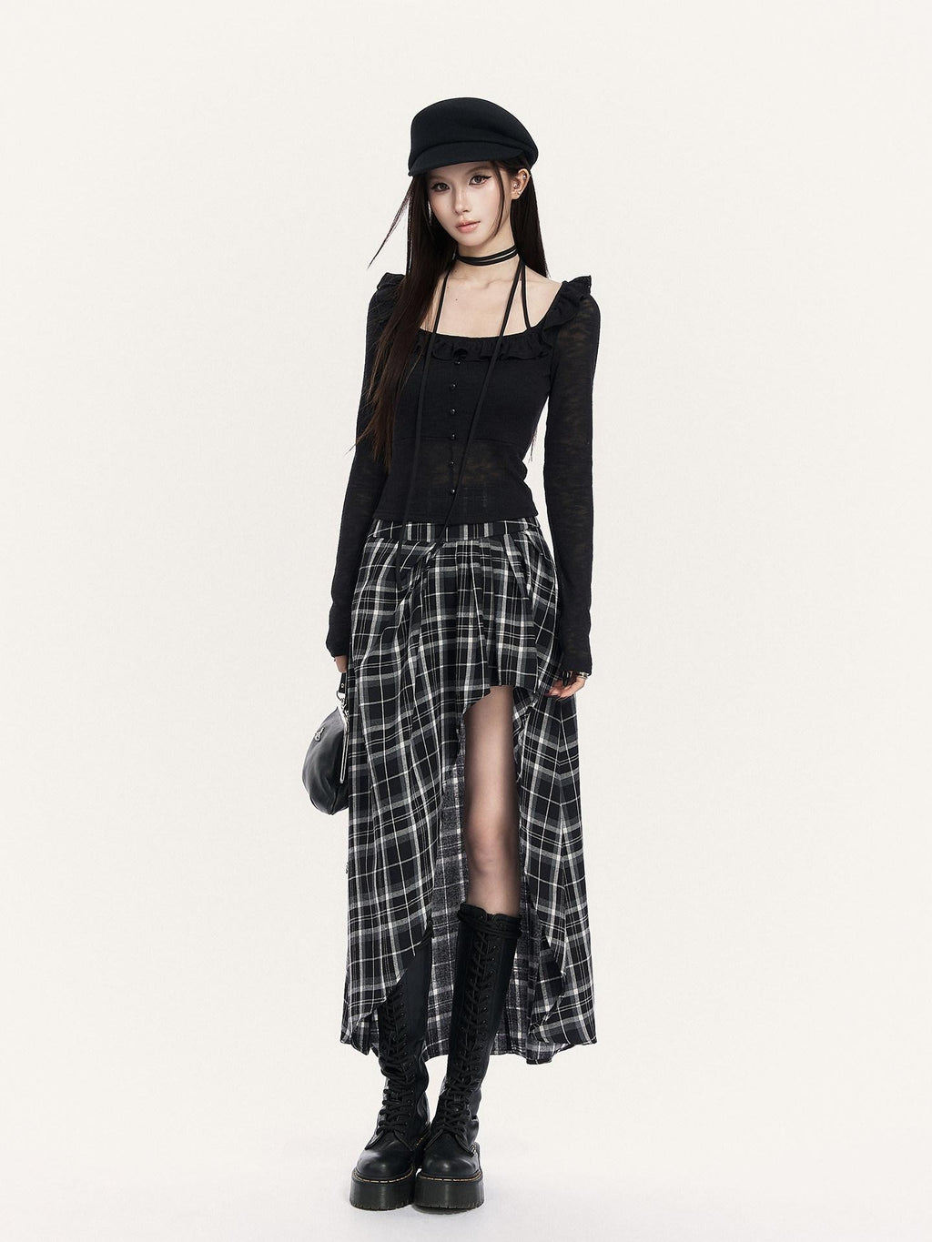 VOCK Black White Check Irregular A Line High Waist Women's Cotton Blend Midi Skirts