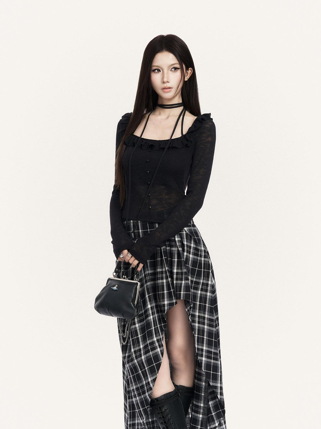 VOCK Black White Check Irregular A Line High Waist Women's Cotton Blend Midi Skirts