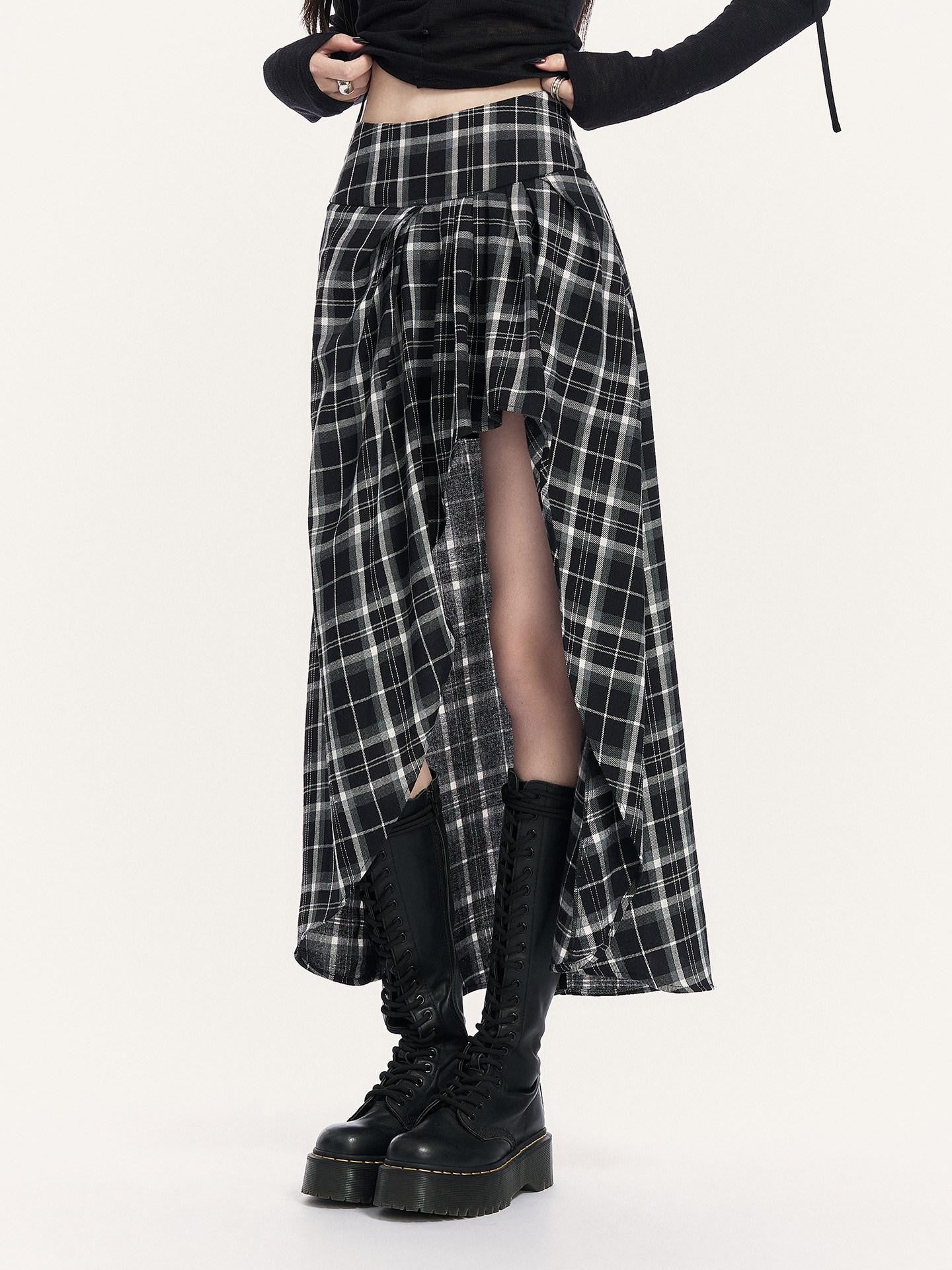 VOCK Black White Check Irregular A Line High Waist Women's Cotton Blend Midi Skirts