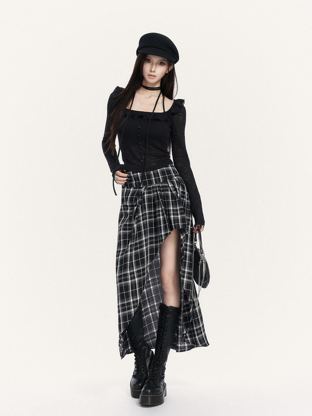 VOCK Black White Check Irregular A Line High Waist Women's Cotton Blend Midi Skirts