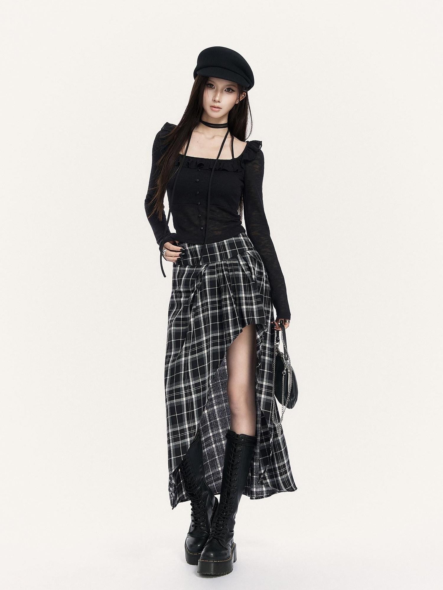 VOCK Black White Check Irregular A Line High Waist Women's Cotton Blend Midi Skirts