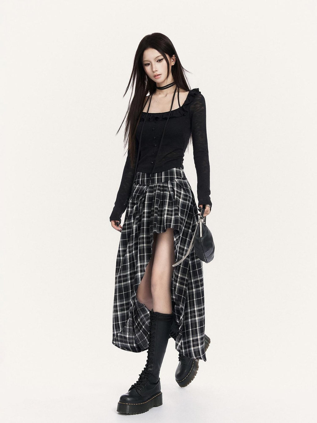 VOCK Black White Check Irregular A Line High Waist Women's Cotton Blend Midi Skirts