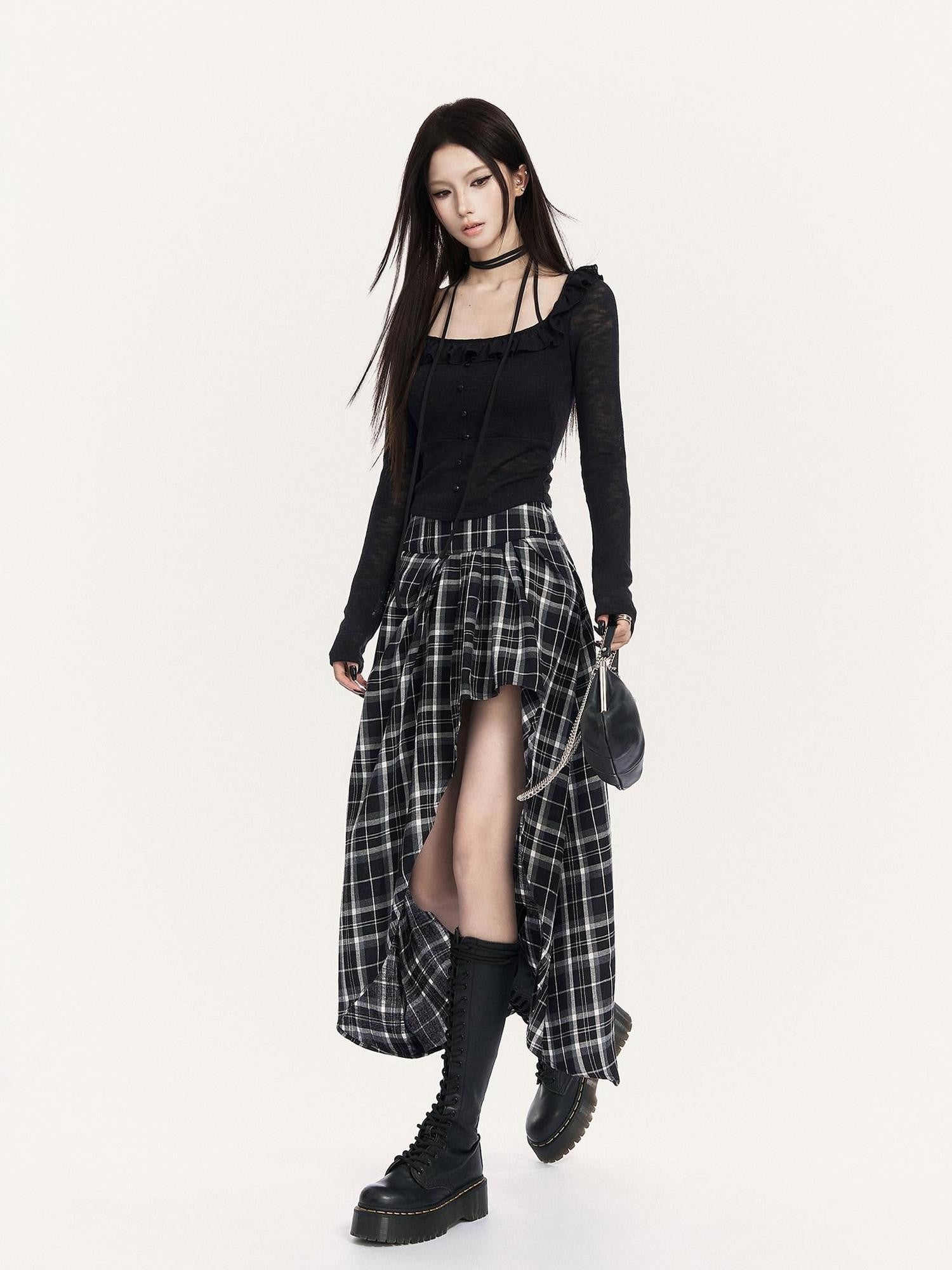 VOCK Black White Check Irregular A Line High Waist Women's Cotton Blend Midi Skirts