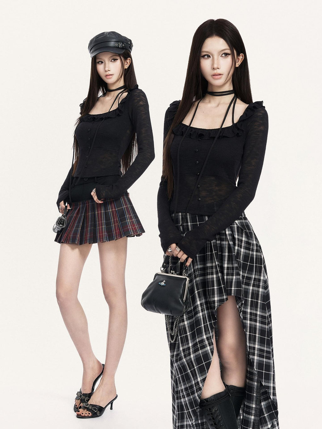 VOCK Black White Check Irregular A Line High Waist Women's Cotton Blend Midi Skirts