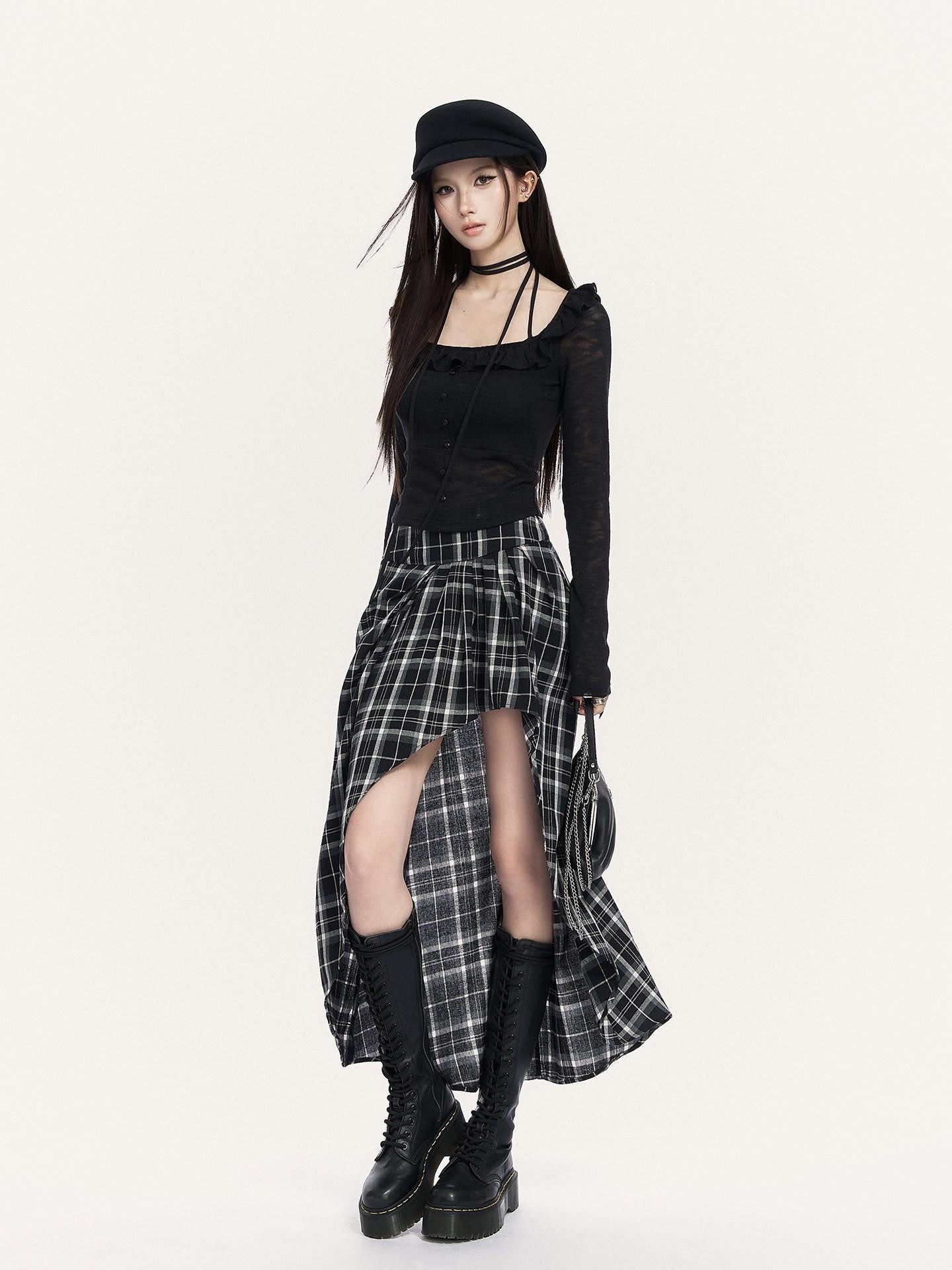 VOCK Black White Check Irregular A Line High Waist Women's Cotton Blend Midi Skirts