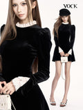 VOCK Black White Contrast Lace Collar Velvet Bell Sleeve Women's Bodycon Mini Dresses