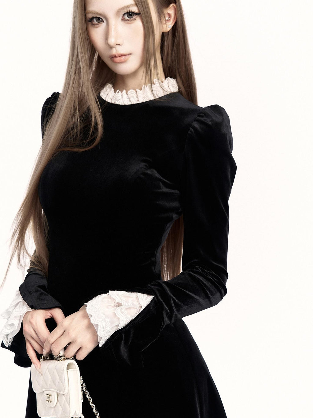 VOCK Black White Contrast Lace Collar Velvet Bell Sleeve Women's Bodycon Mini Dresses