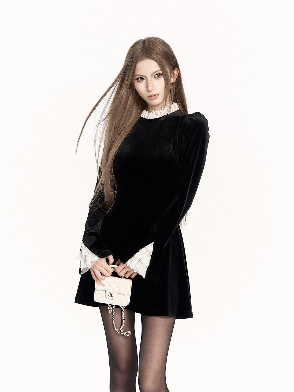 VOCK Black White Contrast Lace Collar Velvet Bell Sleeve Women's Bodycon Mini Dresses