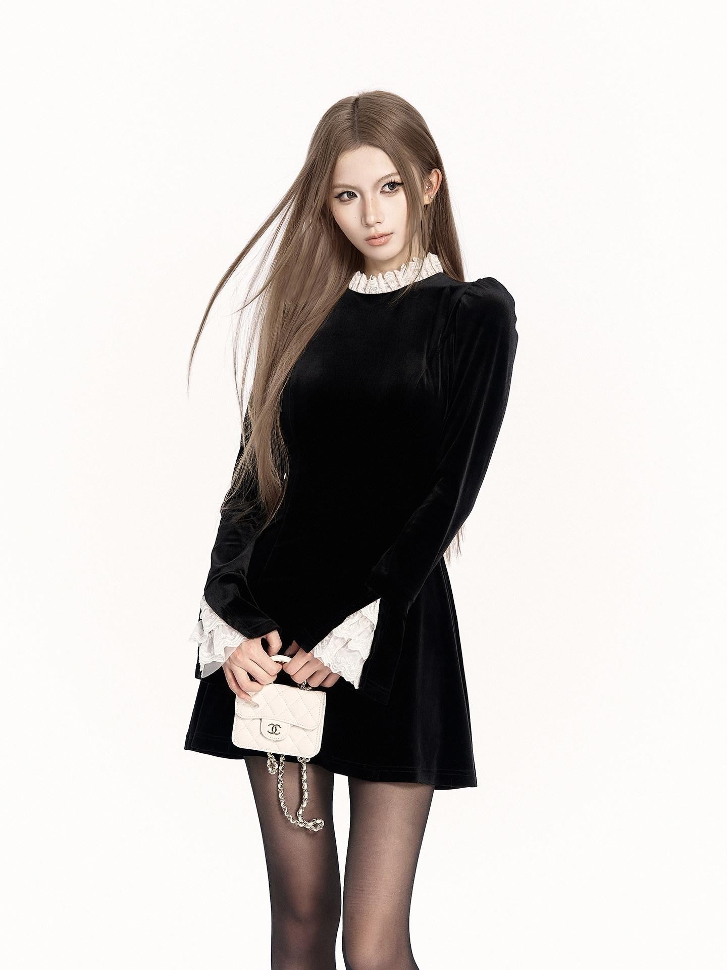 VOCK Black White Contrast Lace Collar Velvet Bell Sleeve Women's Bodycon Mini Dresses