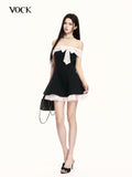VOCK Black White Lace Bow Cinched Waist Off Shoulder Women's Tube Mini Dresses