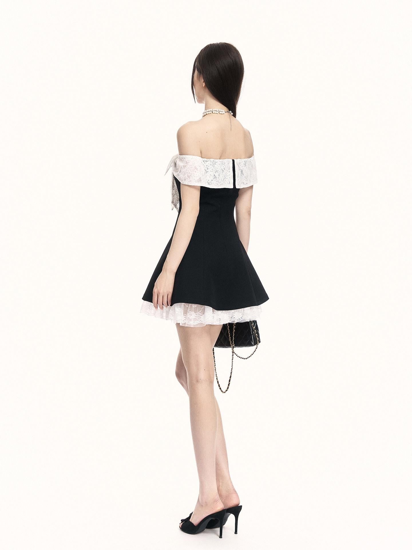 VOCK Black White Lace Bow Cinched Waist Off Shoulder Women's Tube Mini Dresses