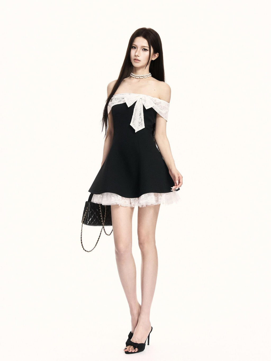 VOCK Black White Lace Bow Cinched Waist Off Shoulder Women's Tube Mini Dresses