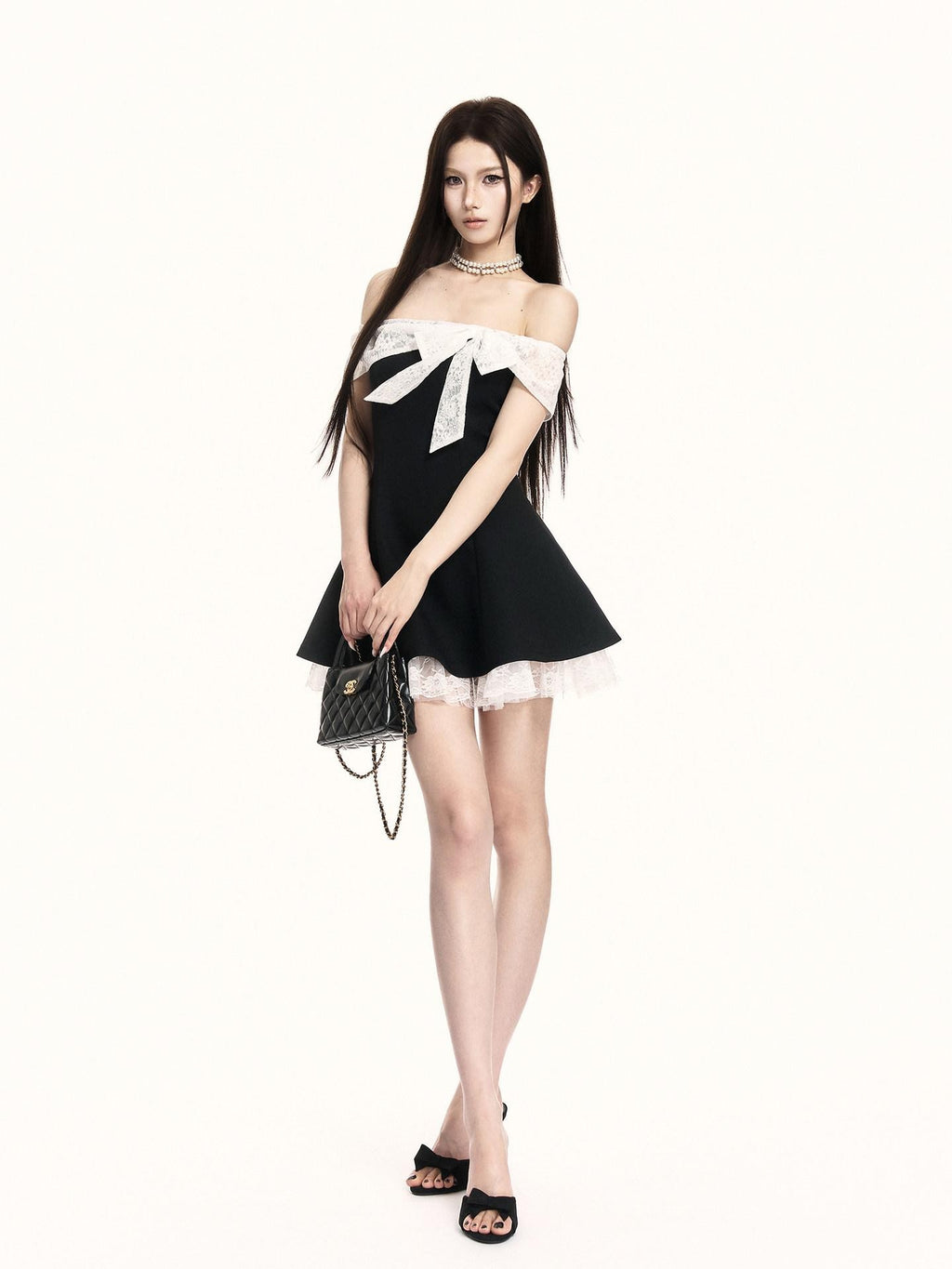 VOCK Black White Lace Bow Cinched Waist Off Shoulder Women's Tube Mini Dresses