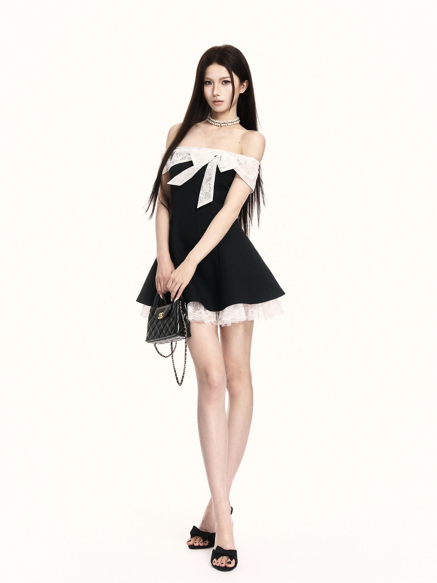 VOCK Black White Lace Bow Cinched Waist Off Shoulder Women's Tube Mini Dresses