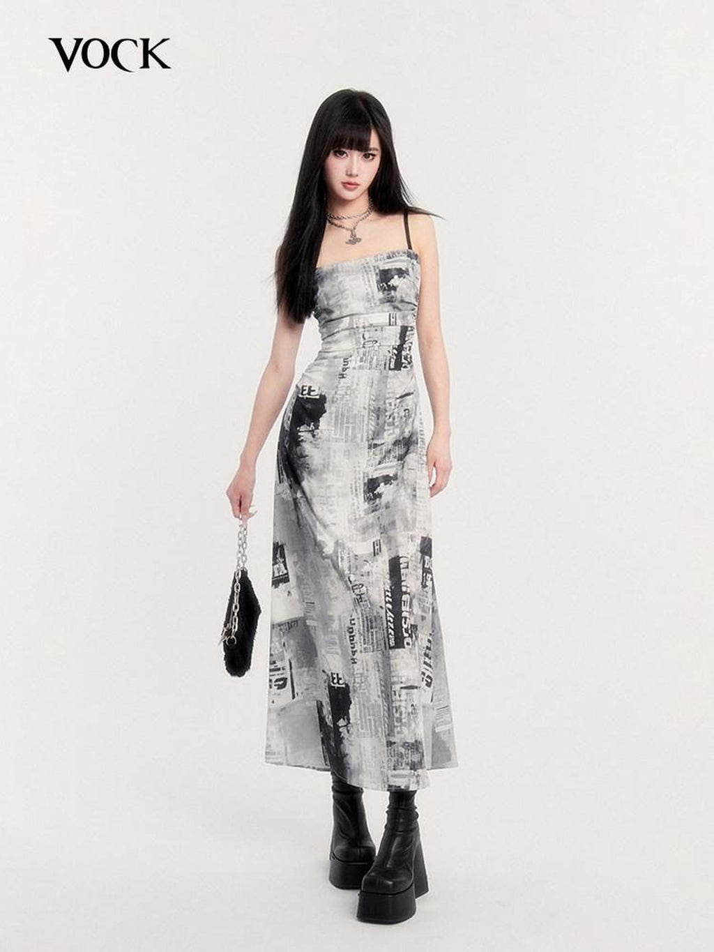 VOCK Black White Vintage Punk Graphic Print Women's Polyester Slip Maxi Dresses