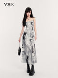 VOCK Black White Vintage Punk Graphic Print Women's Polyester Slip Maxi Dresses