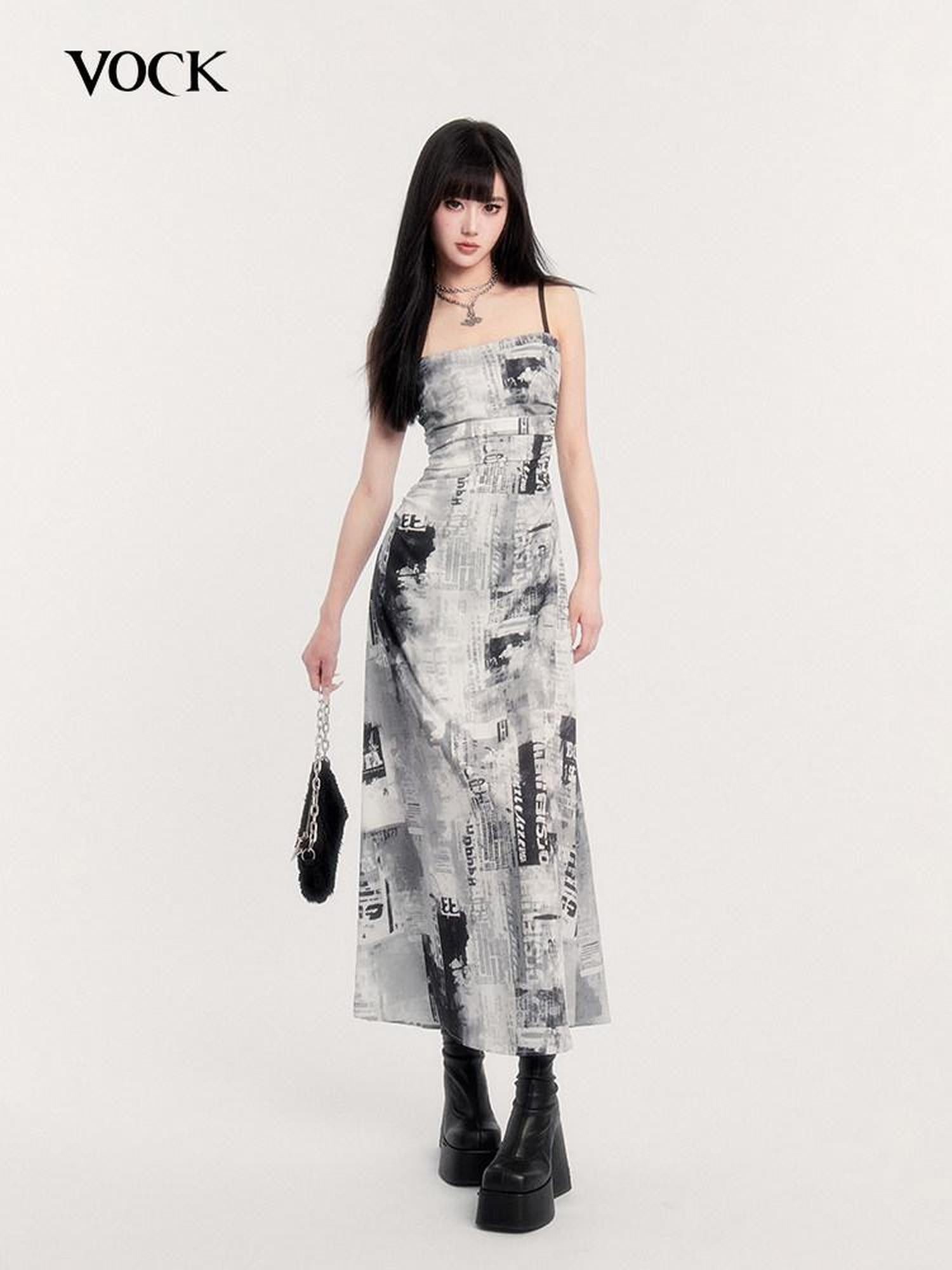 VOCK Black White Vintage Punk Graphic Print Women's Polyester Slip Maxi Dresses