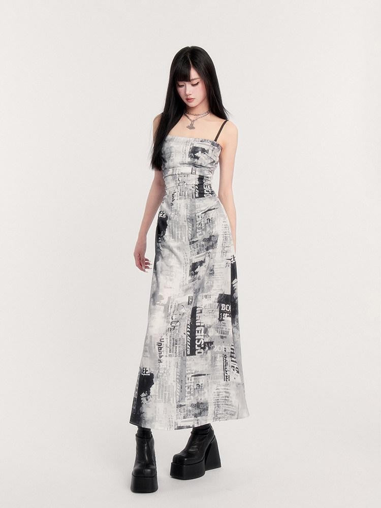 VOCK Black White Vintage Punk Graphic Print Women's Polyester Slip Maxi Dresses