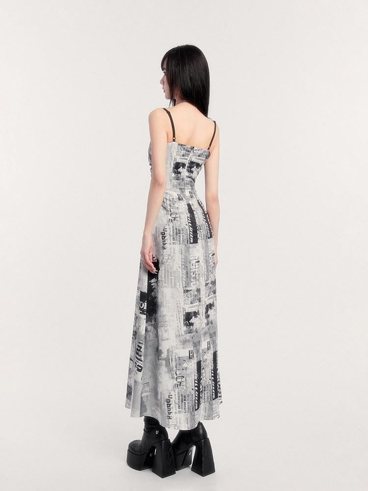 VOCK Black White Vintage Punk Graphic Print Women's Polyester Slip Maxi Dresses
