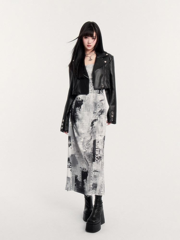 VOCK Black White Vintage Punk Graphic Print Women's Polyester Slip Maxi Dresses
