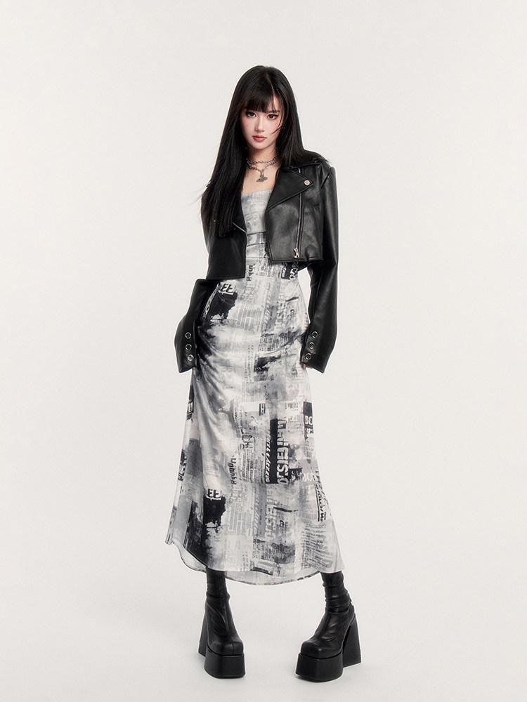 VOCK Black White Vintage Punk Graphic Print Women's Polyester Slip Maxi Dresses