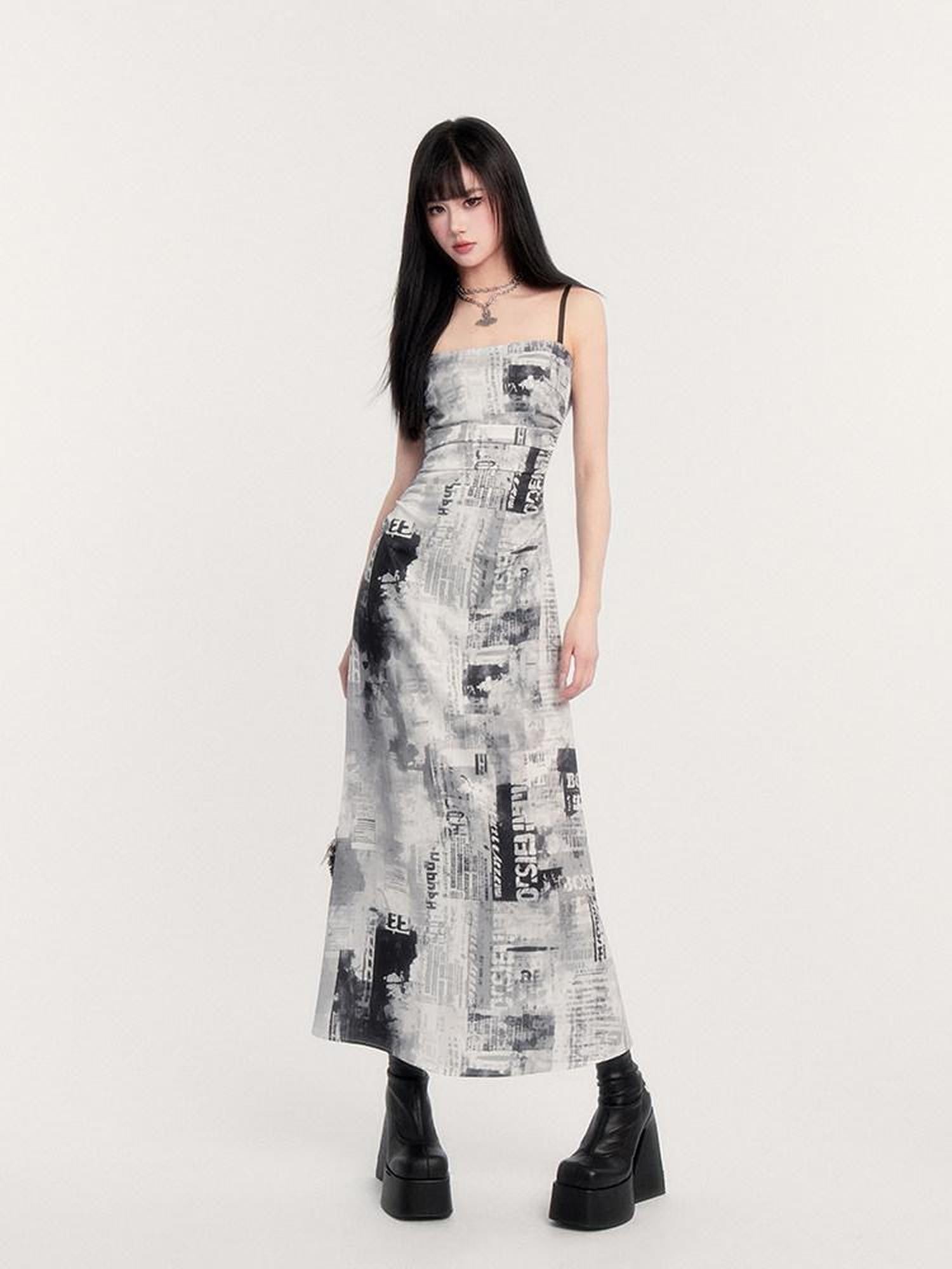 VOCK Black White Vintage Punk Graphic Print Women's Polyester Slip Maxi Dresses