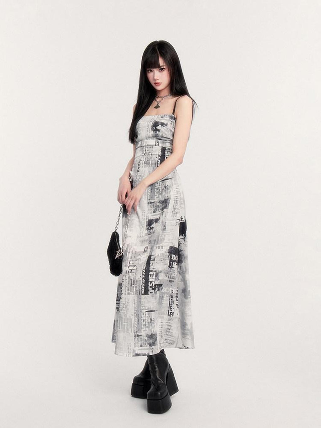 VOCK Black White Vintage Punk Graphic Print Women's Polyester Slip Maxi Dresses