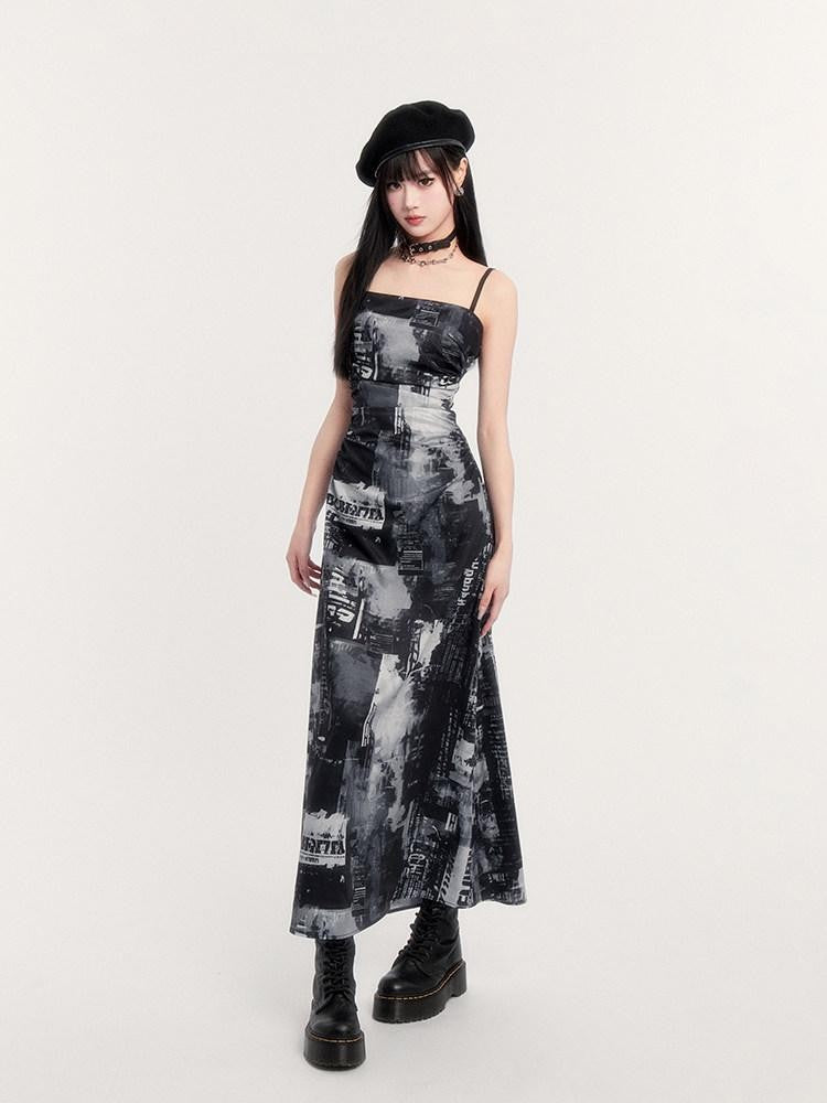 VOCK Black White Vintage Punk Graphic Print Women's Polyester Slip Maxi Dresses