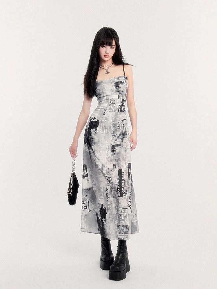 VOCK Black White Vintage Punk Graphic Print Women's Polyester Slip Maxi Dresses