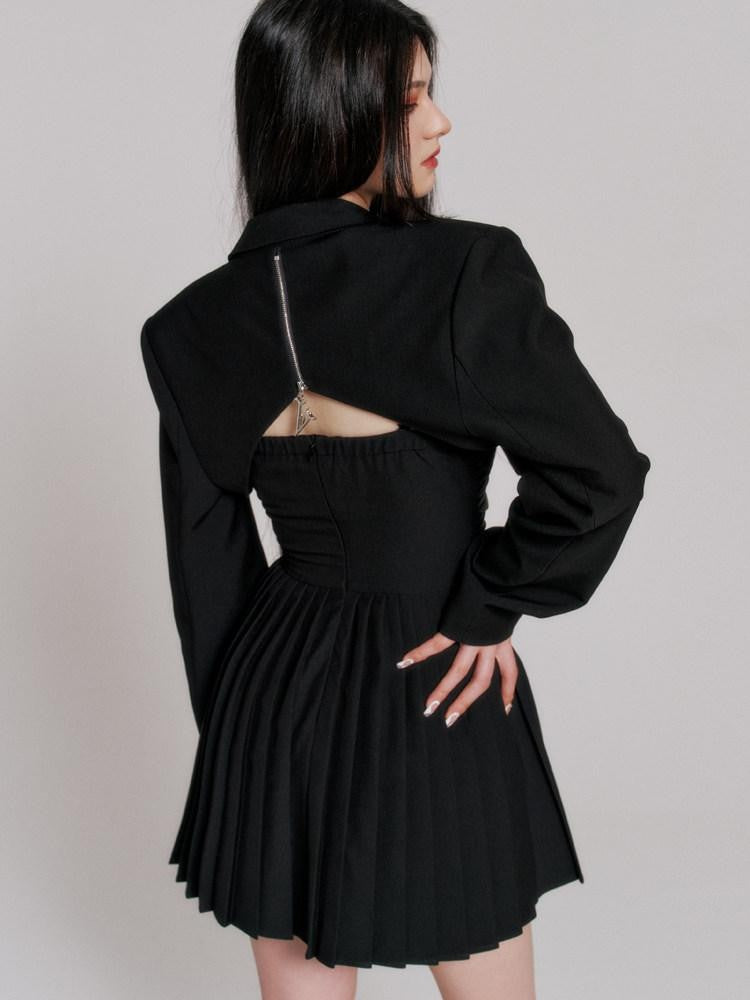 VOCK Black Zipper Notch Lapel Structured Women's Polyester Blend Cropped Jackets