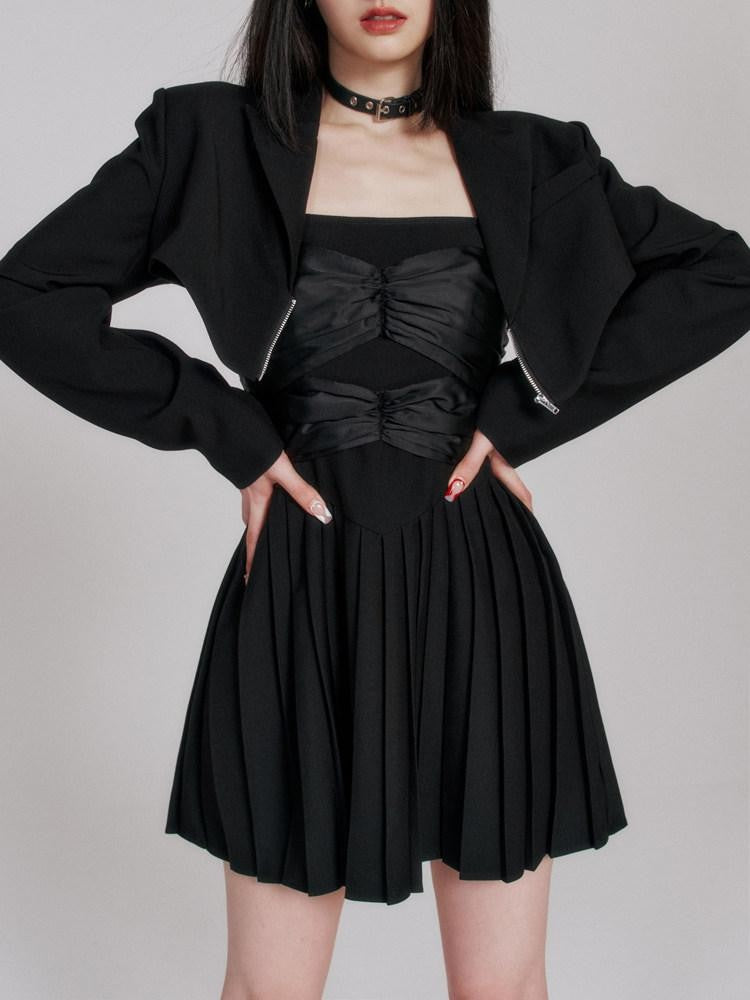 VOCK Black Zipper Notch Lapel Structured Women's Polyester Blend Cropped Jackets