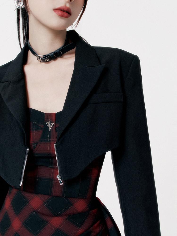 VOCK Black Zipper Notch Lapel Structured Women's Polyester Blend Cropped Jackets