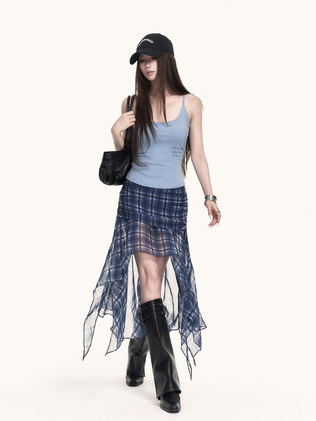 VOCK Blue Plaid Asymmetric Mesh Pleated Side Slit Women's Polyester Midi Skirts