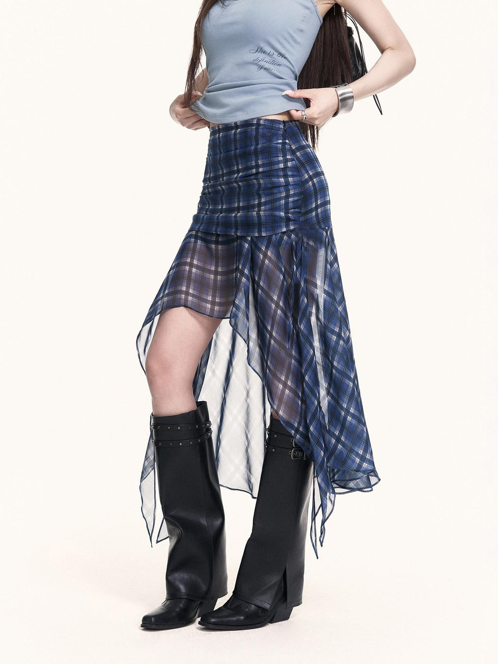 VOCK Blue Plaid Asymmetric Mesh Pleated Side Slit Women's Polyester Midi Skirts