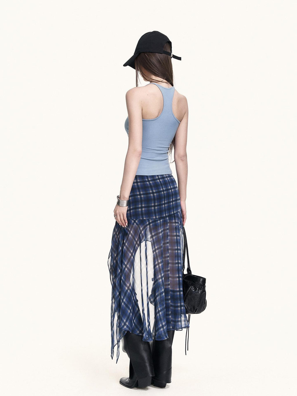 VOCK Blue Plaid Asymmetric Mesh Pleated Side Slit Women's Polyester Midi Skirts