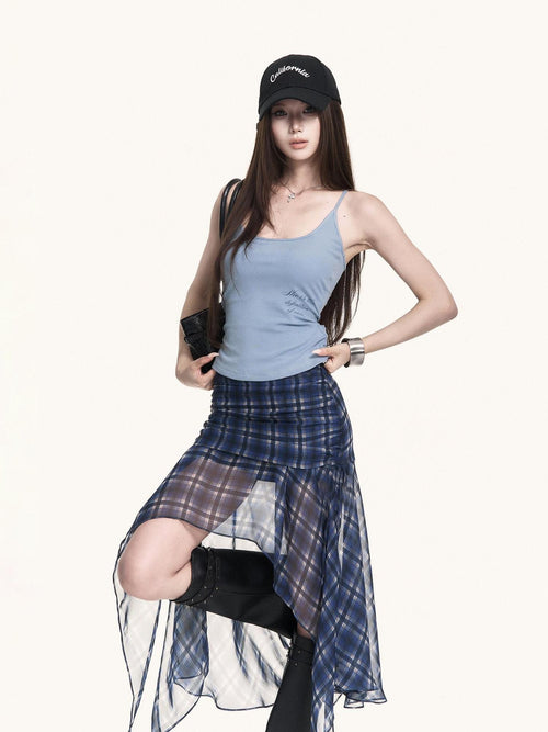 VOCK Blue Plaid Asymmetric Mesh Pleated Side Slit Women's Polyester Midi Skirts
