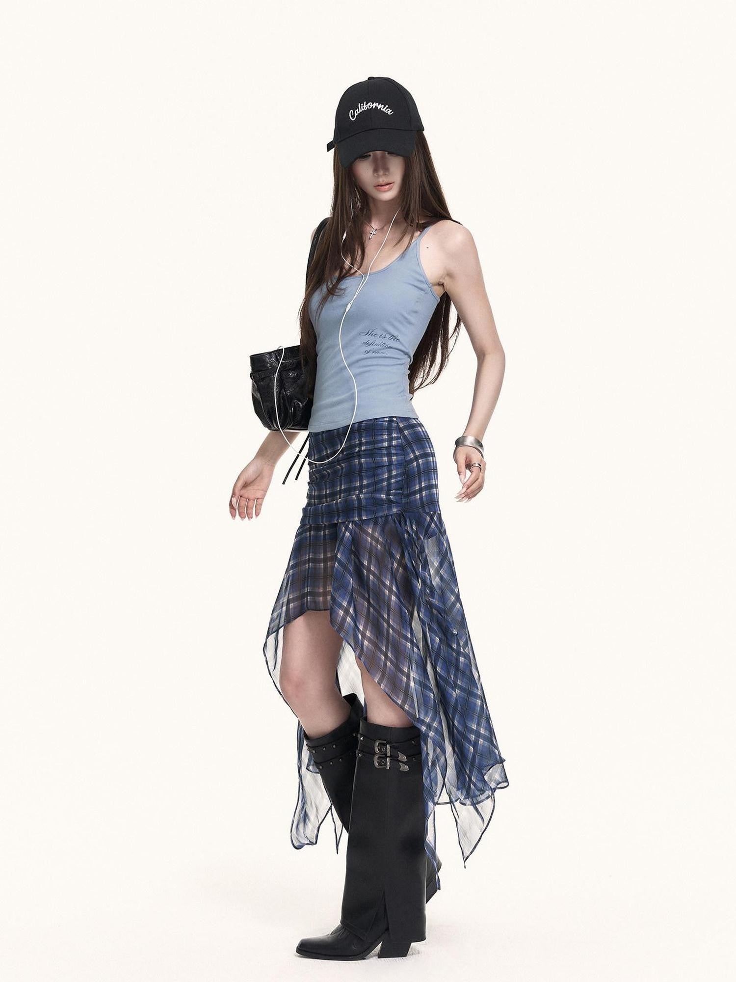 VOCK Blue Plaid Asymmetric Mesh Pleated Side Slit Women's Polyester Midi Skirts