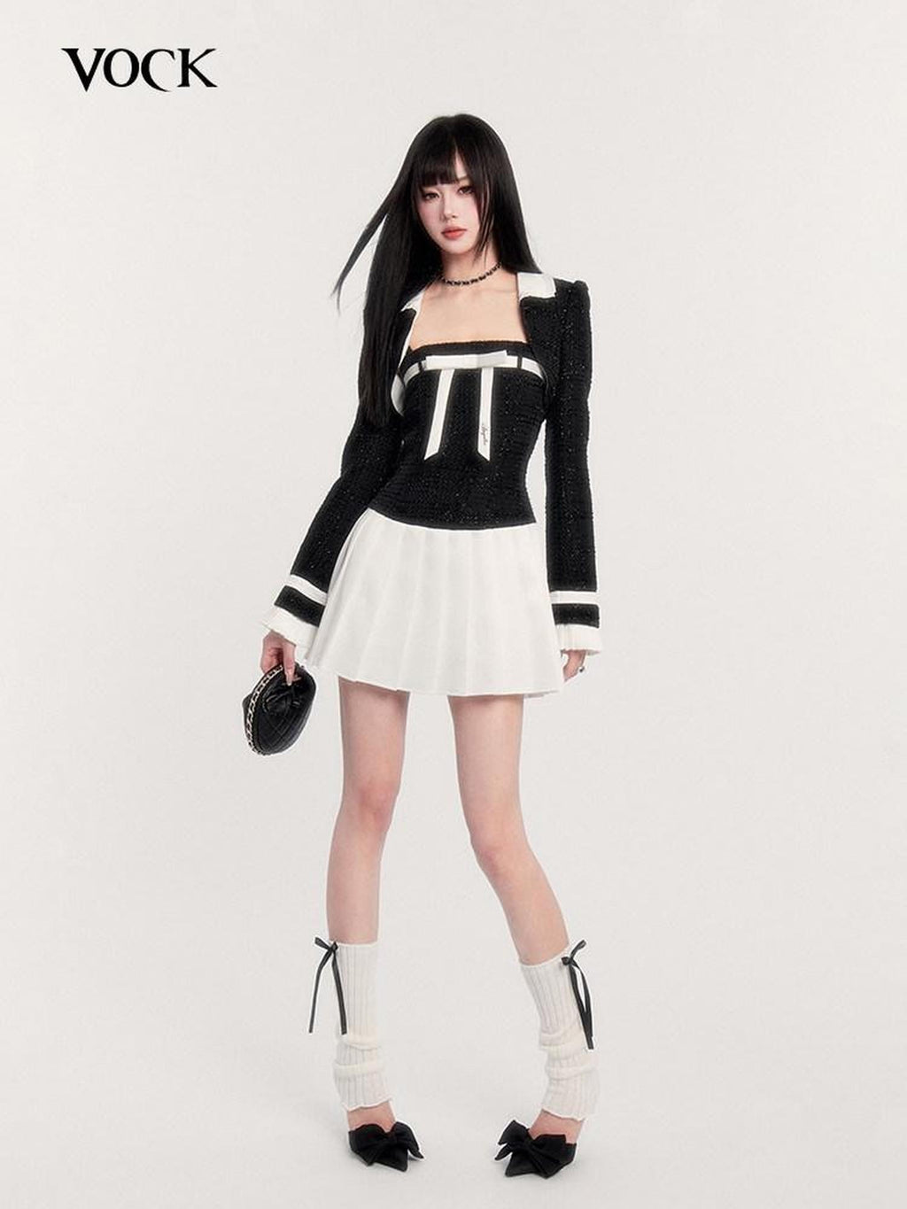 VOCK Boucle Colorblock Bow Cami Blazer Women's Polyester Matching Skirt Sets