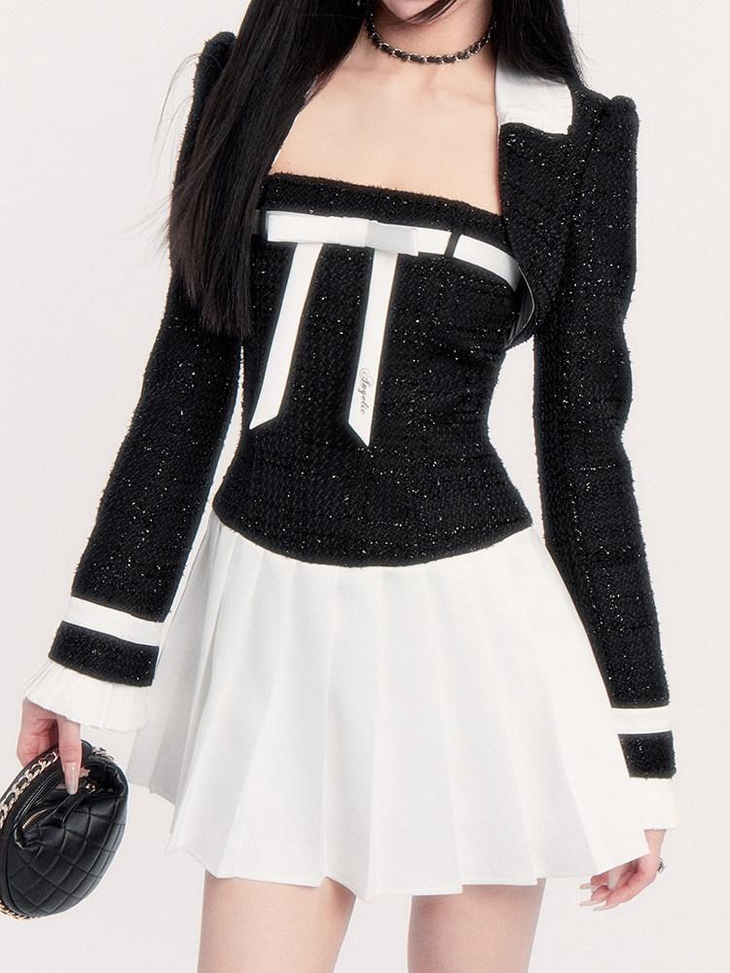 VOCK Boucle Colorblock Bow Cami Blazer Women's Polyester Matching Skirt Sets