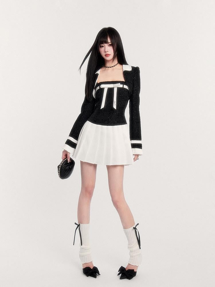 VOCK Boucle Colorblock Bow Cami Blazer Women's Polyester Matching Skirt Sets