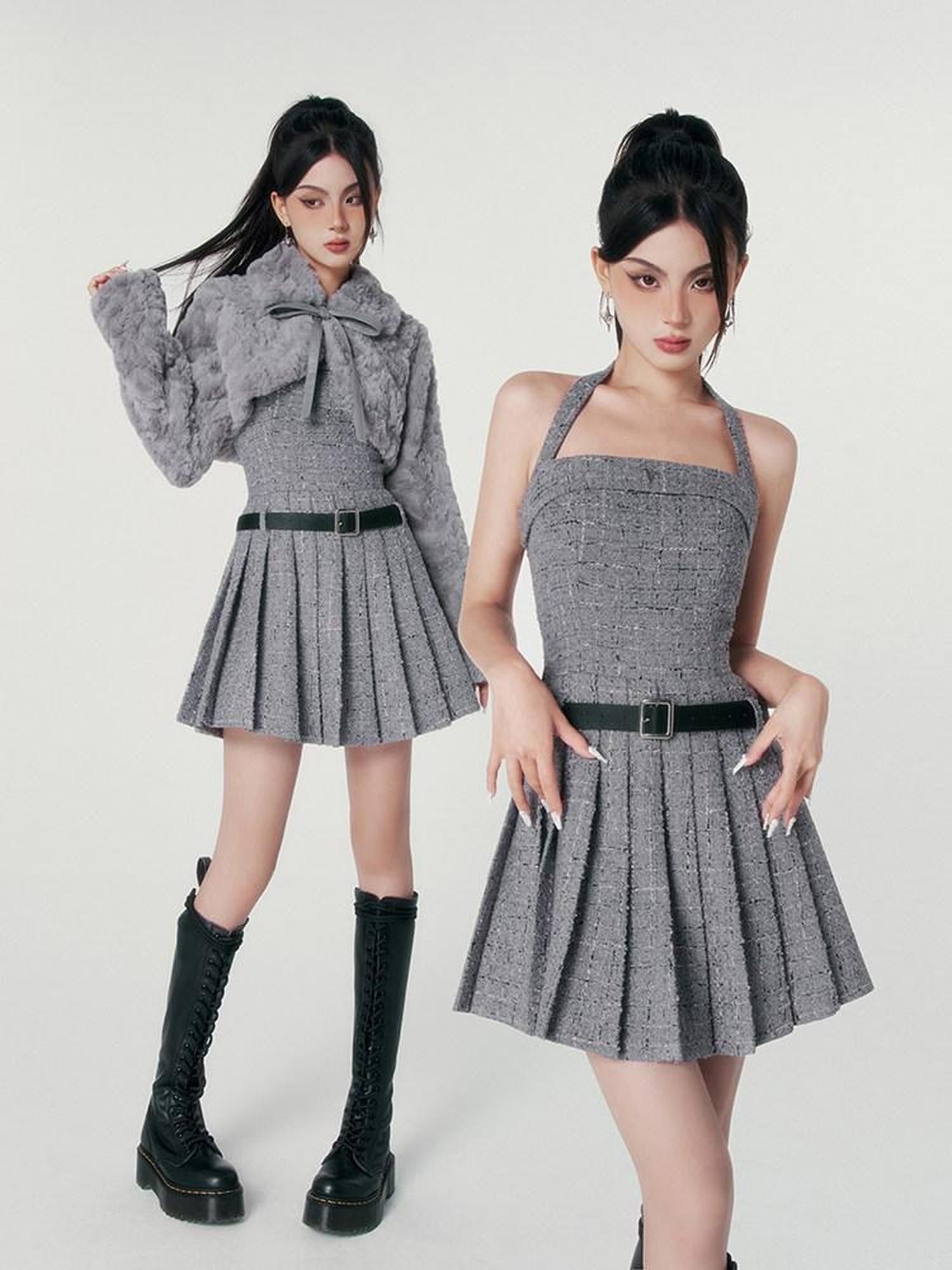 VOCK Boucle Tweed Pleated A Line Women's Polyester Wool Blend Halter Mini Dresses
