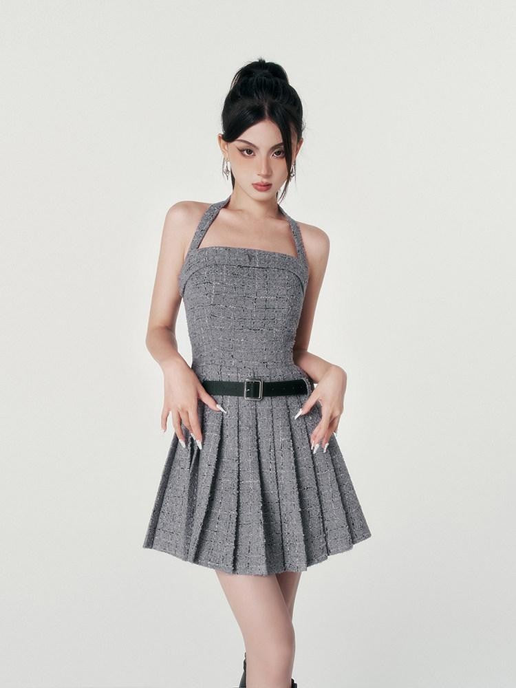 VOCK Boucle Tweed Pleated A Line Women's Polyester Wool Blend Halter Mini Dresses