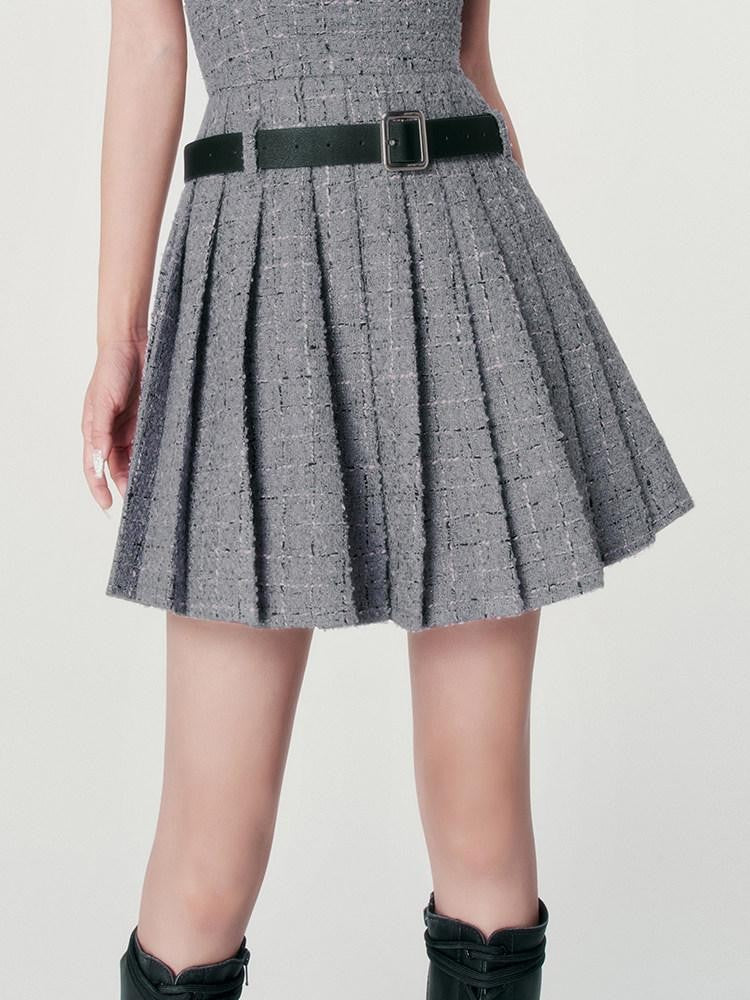 VOCK Boucle Tweed Pleated A Line Women's Polyester Wool Blend Halter Mini Dresses